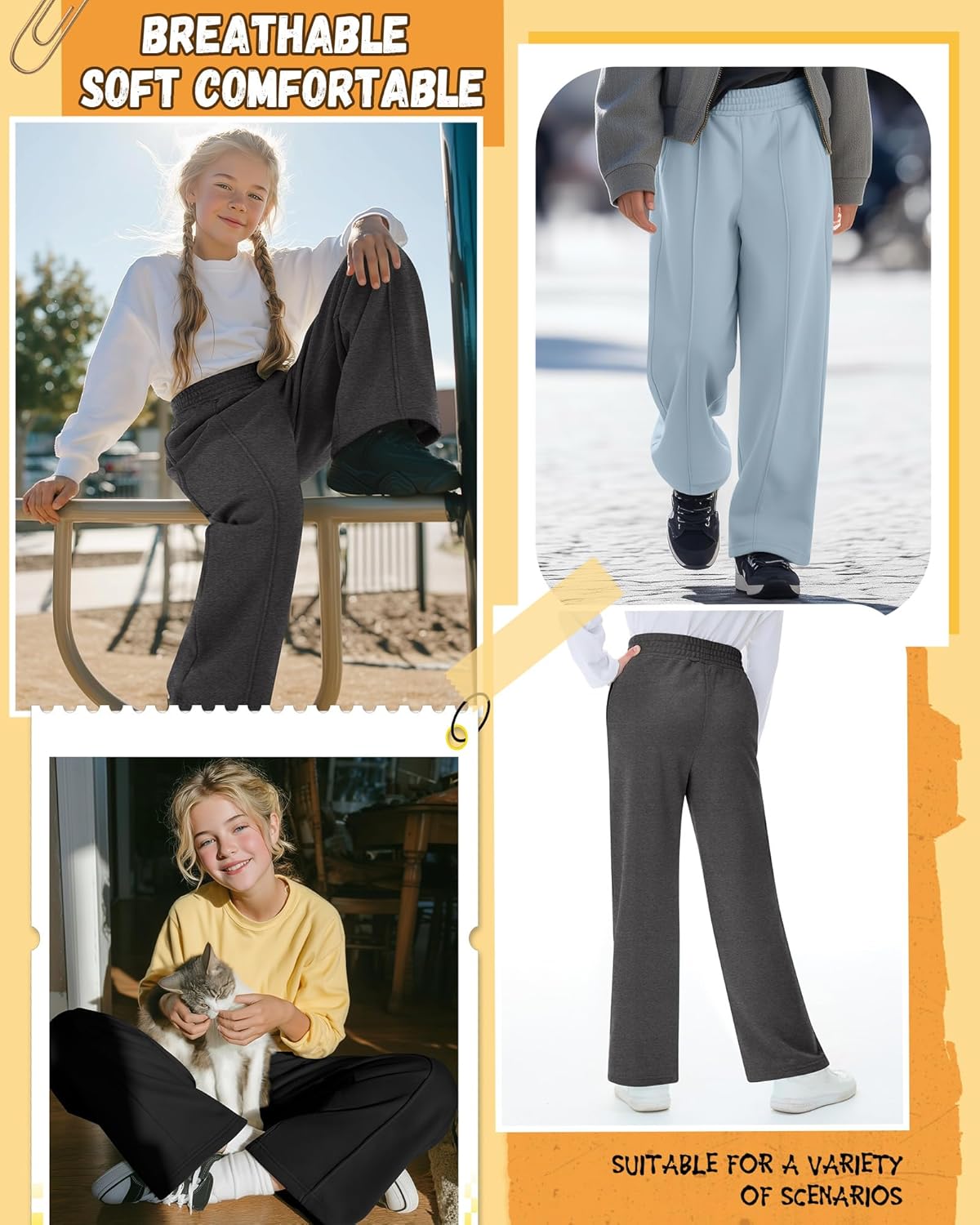 3 Pack Girls Sweatpants Kids Wide Leg Front Seam Pants Elastic Waist Baggy Causal Athletic Joggers with Pockets