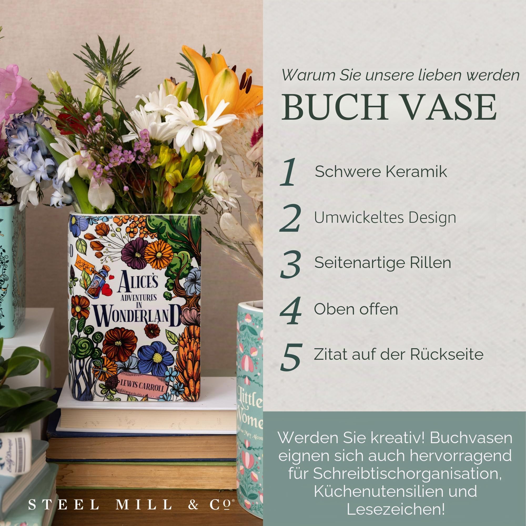 Steel Mill & Co Originelle große dekorative Vase in Buchform, Keramik, Heimdekoration, niedliche Bücherregal-Dekoration, einzigartig, für Buchliebhaber, Alice's Adventures in Wonderland - Floral