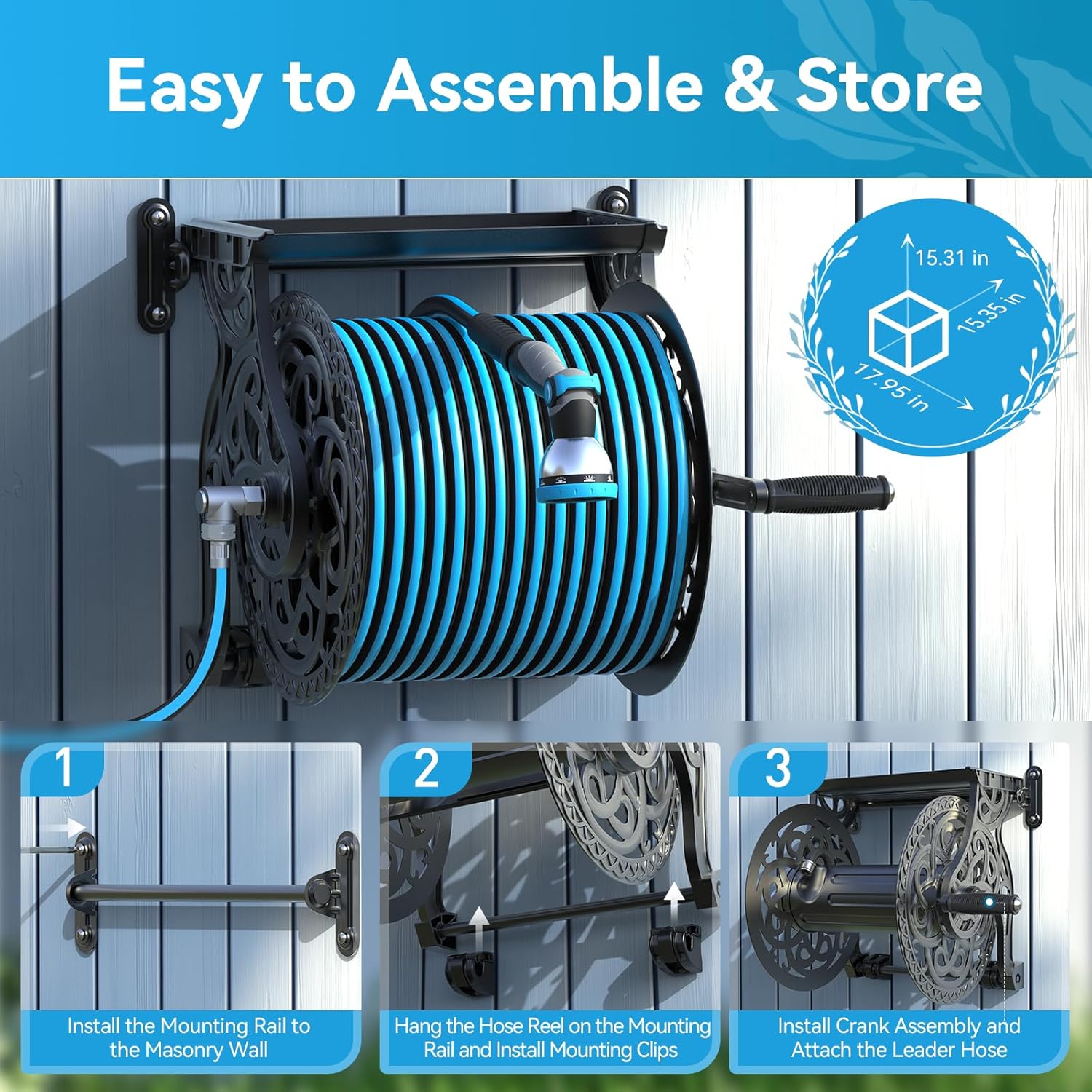 Relhost Garden Hose Reel, Decorative Aluminum Frame Hose Holder with 100 ft x 5/8 in Hose, 10-Pattern Nozzle, Never-Leak System, Easy Assembly, Hose Reel Wall Mount Ideal for Backyards, Gardens