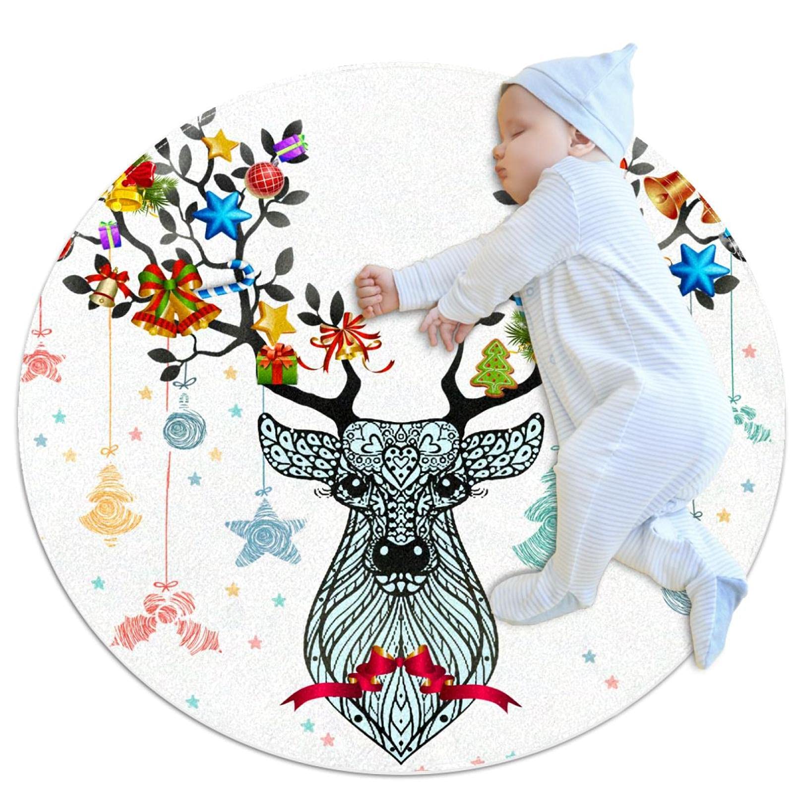 Tapis rond pour enfants JDEZ élan de Noël et tapis de jeu doux