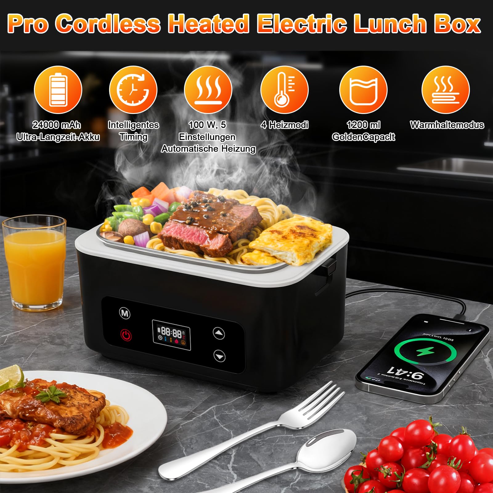 Elektrische lunchbox hermobehälter für Essen mit Akku – 24000 mAh,1,3 L beheizbare lunchbox,3D-Vollflächenerwärmung & Temperaturkontrolle –lunchbox elektrisch Ideal für LKW,Büro und Reisen (schwarz)