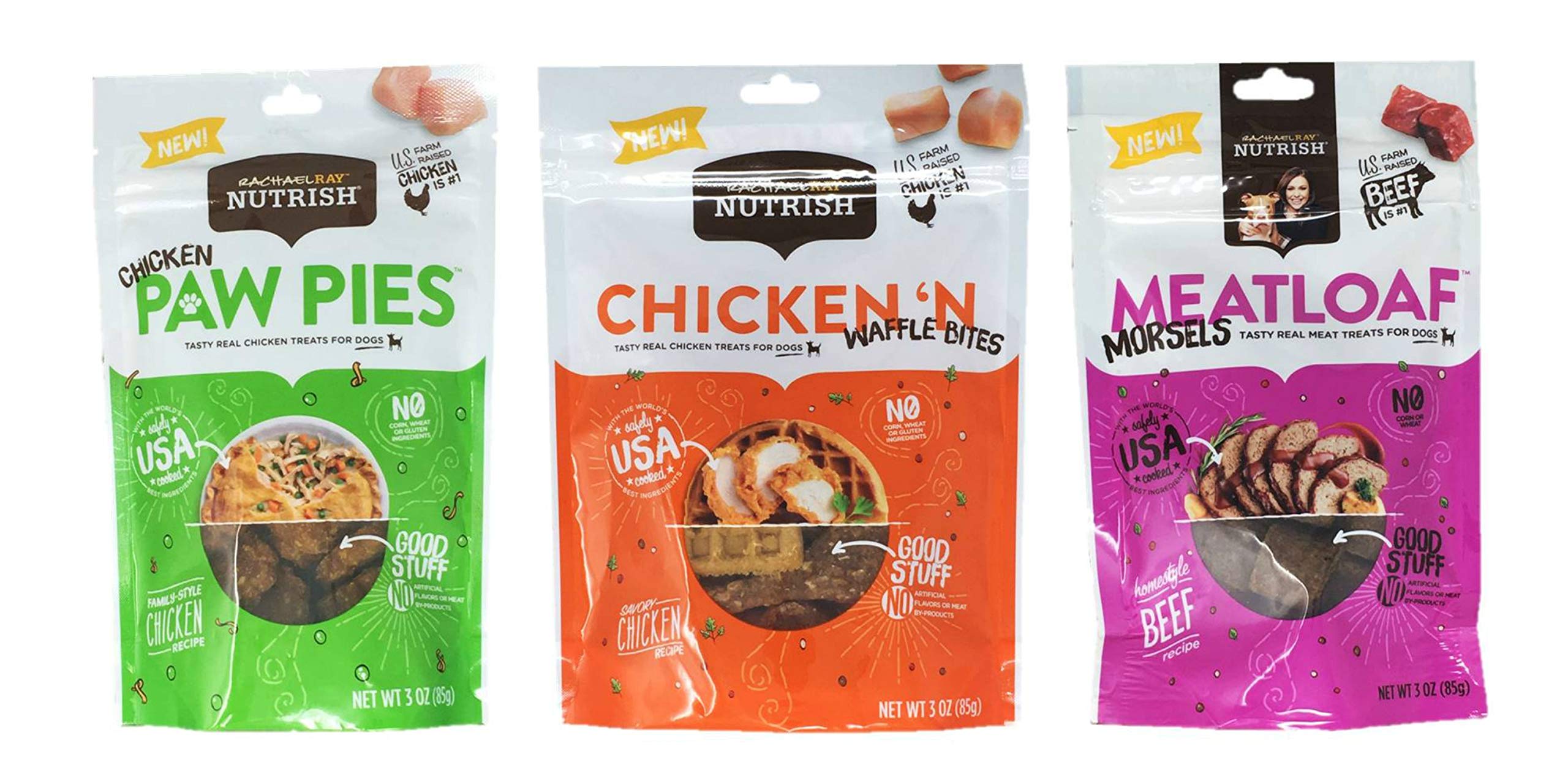 Rachael Ray Nutrish Dog Treats Variety Pack Bundle of 3 Flavors (Chicken Paw Pies, Chicken ‘N Waffle Bites, Meatloaf Morsels), 3 oz Each