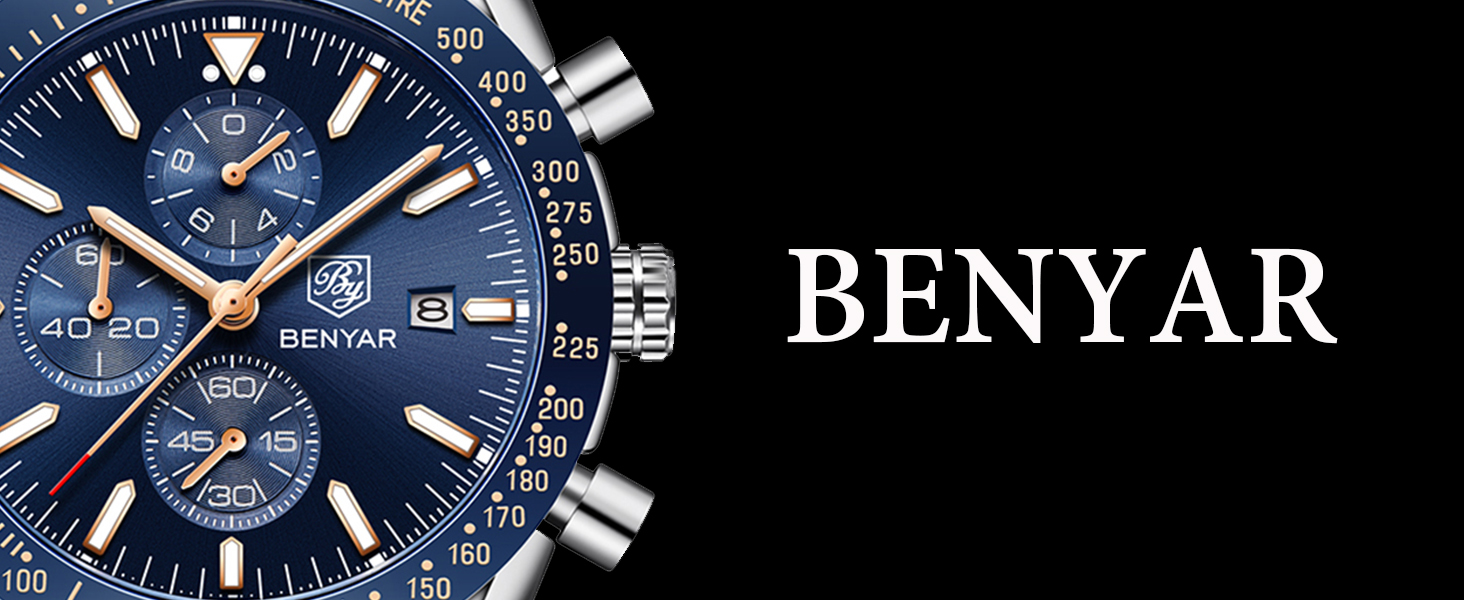 Orologio Benyar Uomo Cronografo Al Quarzo – Quadrante Blu, Cinturino In Pelle, Impermeabile 3 ATM, Elegante E Sportivo, Regalo Con Confezione - 4