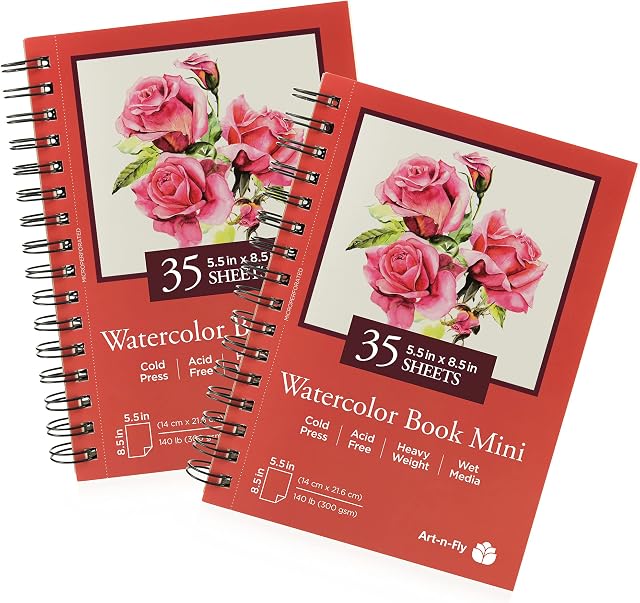 Art-n-Fly A5 22x14cm Watercolour Sketchpad Mini Book - 2 Pack x 35 Sheets Each- Spiral Bound and Microperforated - 300gsm / 140lb 8.5x5.5in