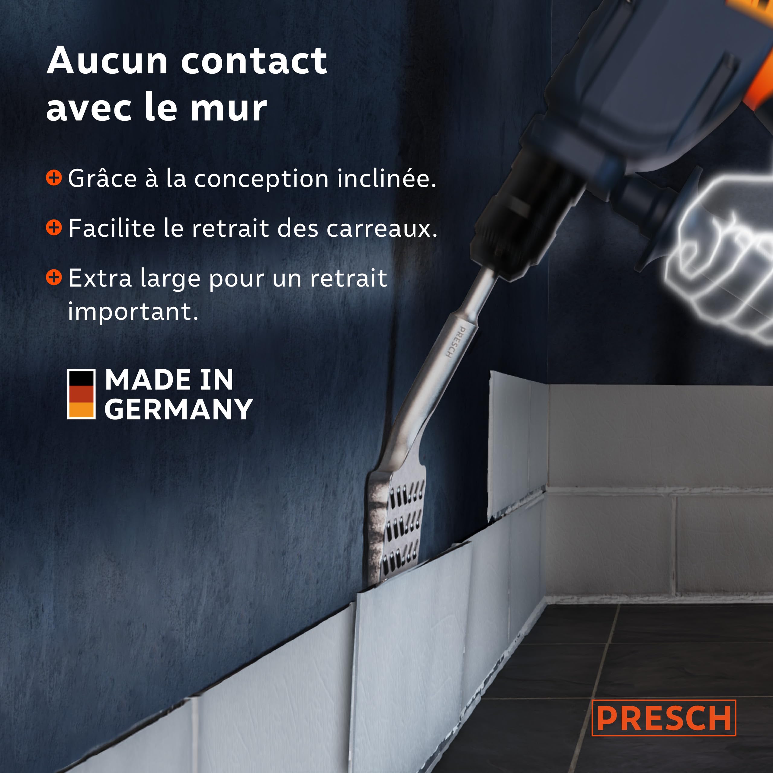 PRESCH SDS plus Burin à carrelage - Extra large (75mm) - Extrêmement durable - Coudé pour faciliter l'enlèvement des carreaux (longueur 165 mm) - En acier haute performance