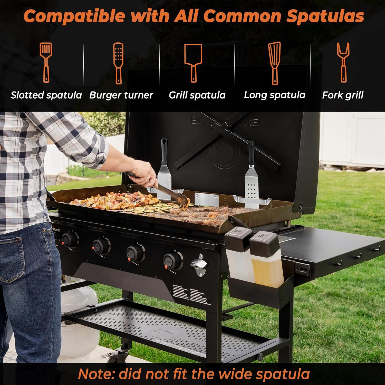 Huachuang 3PCS Griddle Accessories for Blackstone: 2 Clip-on Stainless Steel Spatula Holder + Magnetic Grease Gate Blocker for 28"/36" Blackstone Griddle - Grill Barbecue Tool Set - Image 3