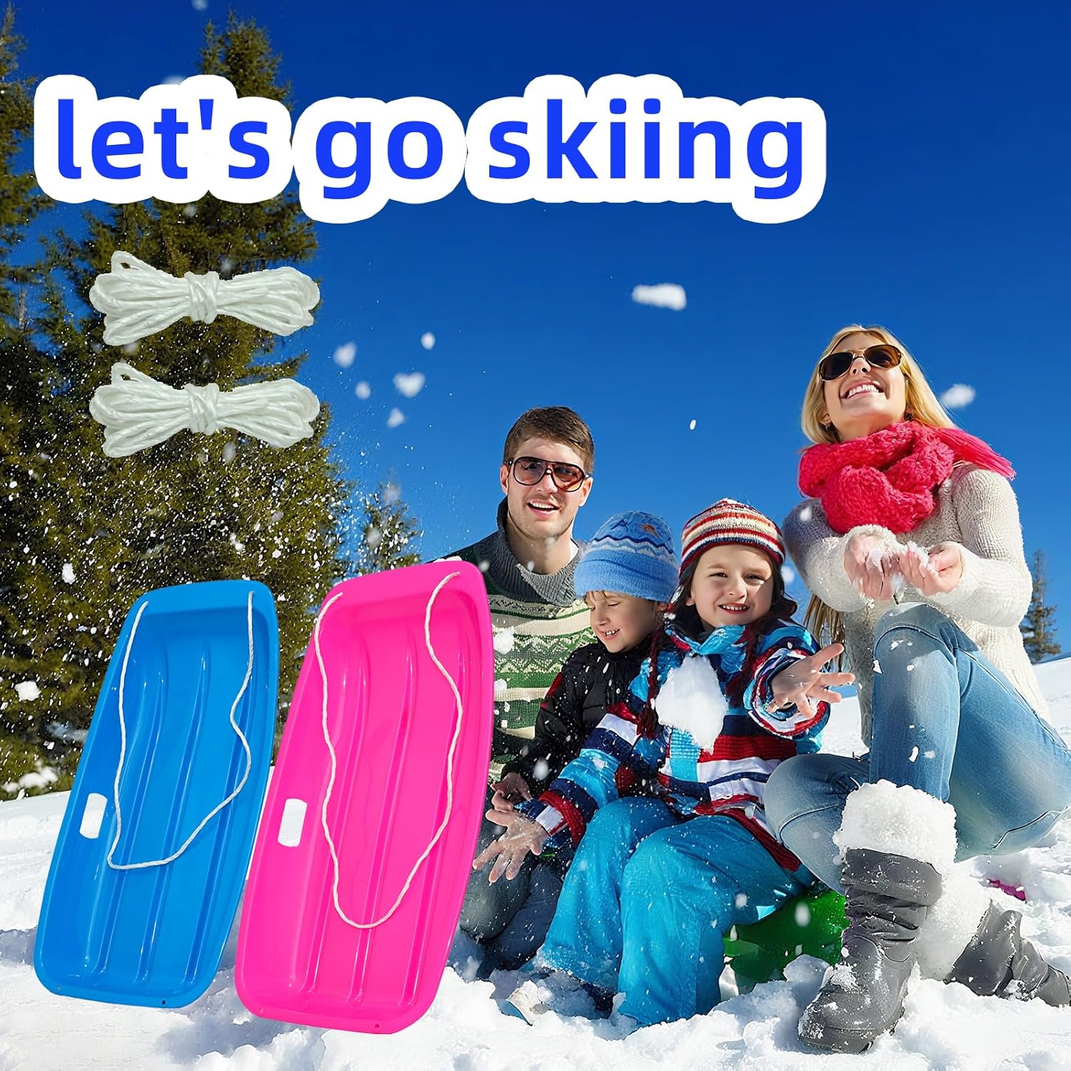 snow sled for kids adult, resistant toboggan snow sled with pull rope and handles, flexible sand sled with pull rope for 1-2 rider, toboggan sleds winter snow sledding