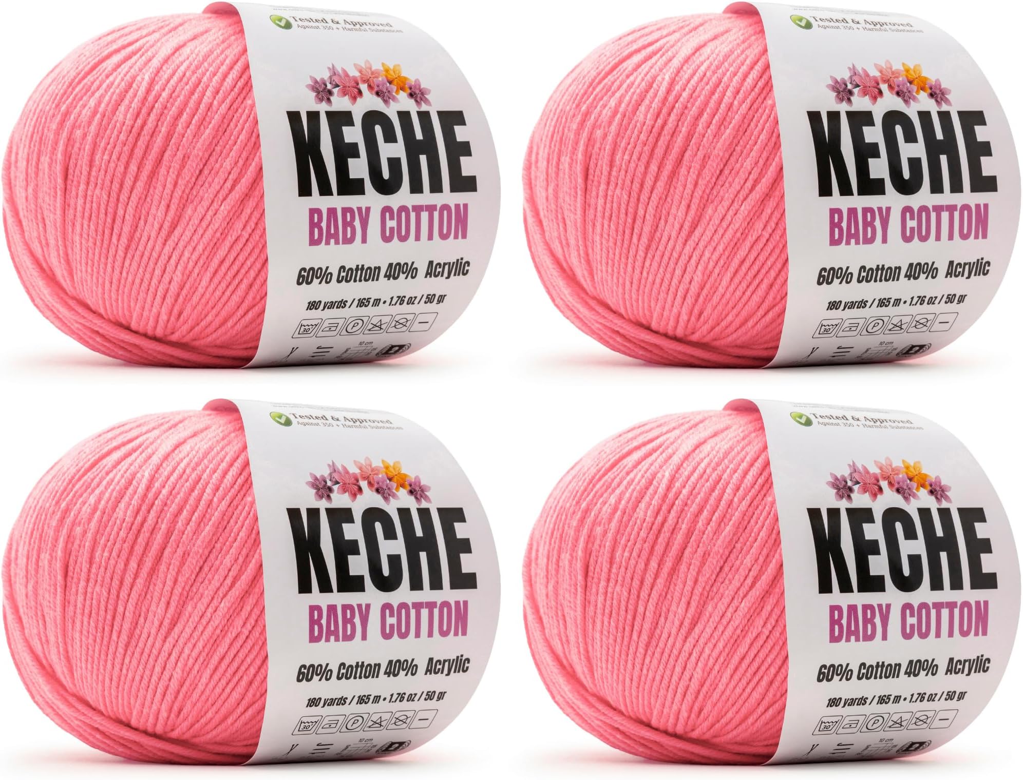Keche Cotton Yarn, 60% Cotton 40% Acrylic Yarn, Soft Cotton Yarn for Crochet and Knitting, Amigurumi Yarn 4 Skeins/Balls [1.76 Oz (50g) / 180 Yrds (165m)] x 4 - Pink