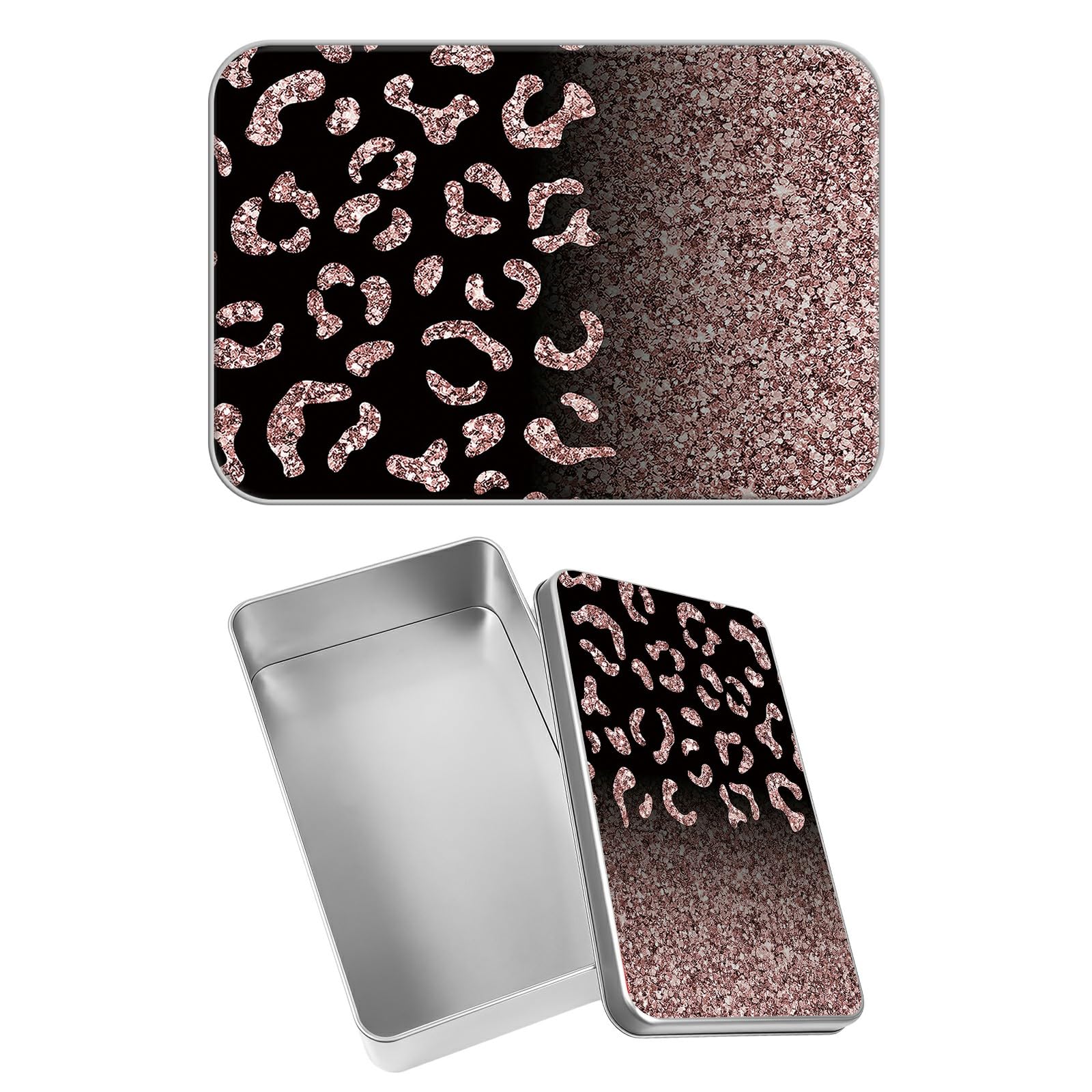 Rectangular Metal Tin Box with Removable Lid, Leopard Glitter Decorative Printed Metal Storage Container for Jewelry Pen Eraser Pill Candy Craft 4.9 x 3.54 x 1.57 inch– Single Pack