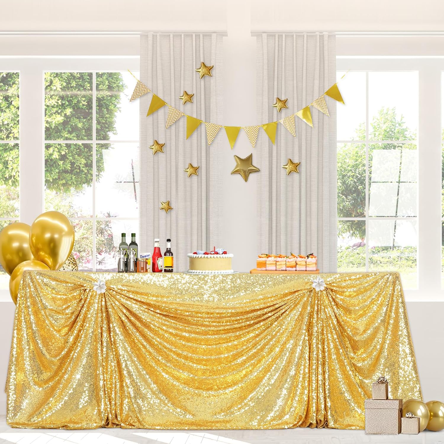 PartyDelight 90x132 Gold Sequin Tablecloth Rectangle Floor Length for 6ft Banquet Tables Professional Stitched High-Density 3mm Sequins -Heavyweight Drape for Wedding Head Tables & Galas