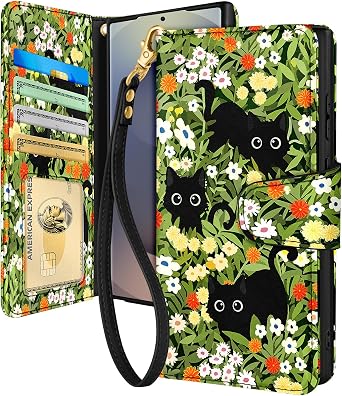 Toycamp for Samsung Galaxy S25 Ultra Wallet Case with Wrist Strap - Leather Flip Folio Phone Case with RFID Blocking 4 Card Slots Galaxy S25 Ultra Funda Cute Aesthetic for Women Lady, Black Cats