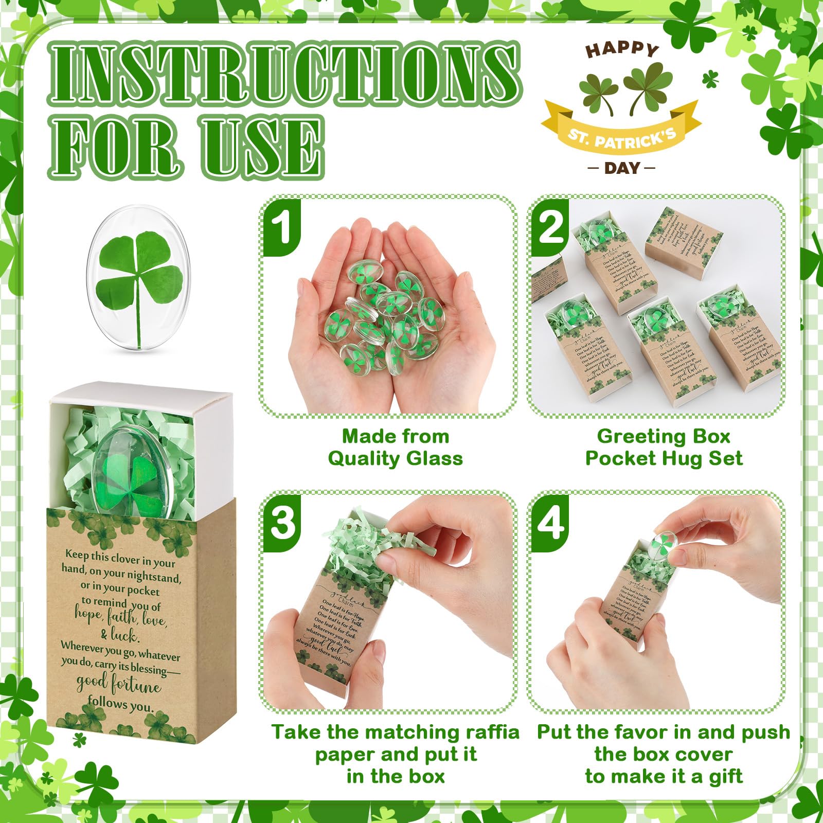 Bucherry 20 Set St. Patrick's Day Gift Bulk Four Leaf Clover Glass Token Charms with Greeting Boxes Irish Day Lucky Shamrock Gifts for DIY Friends Coworkers Employee Office Party Favors (Oval) — view 3