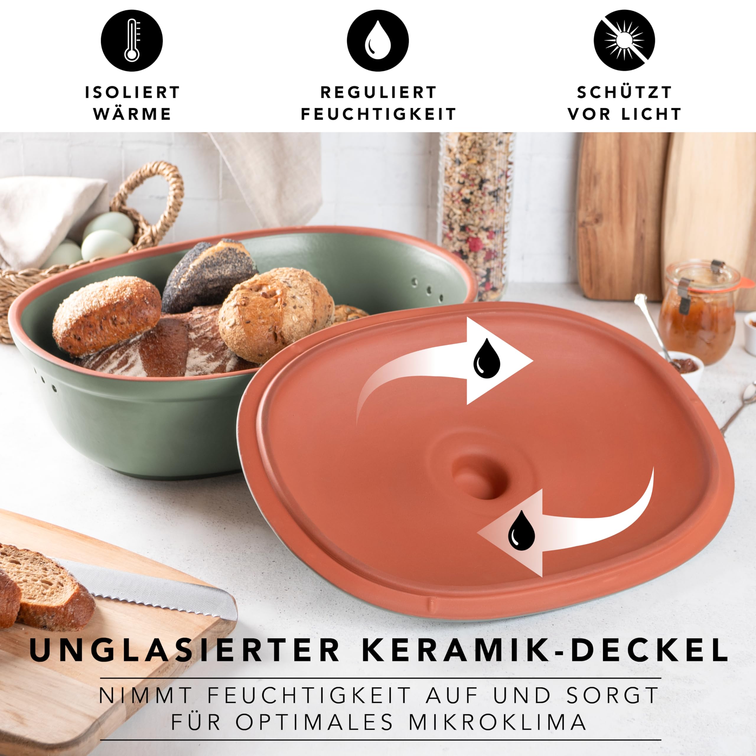 Römertopf Brottopf oval MAXI 6,5 Liter - Brotkasten Grün aus Keramik - Atmungsaktiver Tontopf für langanhaltende Frische von Brot und Brötchen