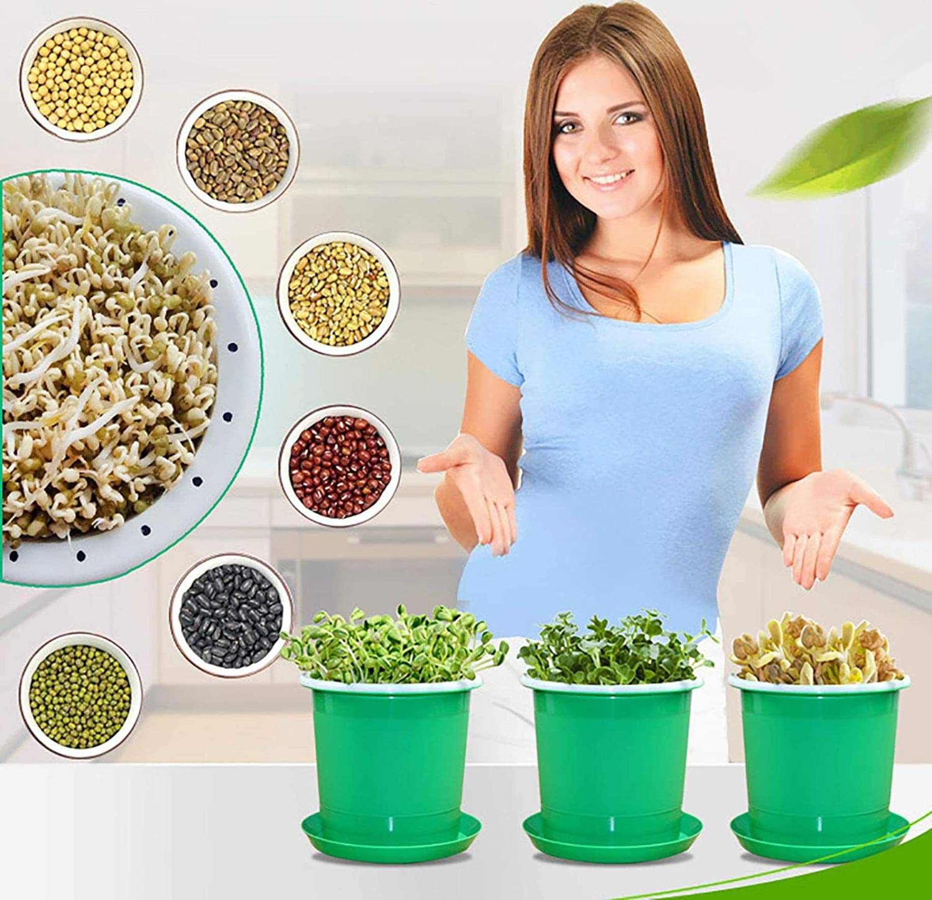 Pot De Germinateur De Graines Bac De Germination Vert Santé Germination des Germes Unité, Y Compris Seau Intérieur, Seau Extérieur Et Plaque De Pression, Vert