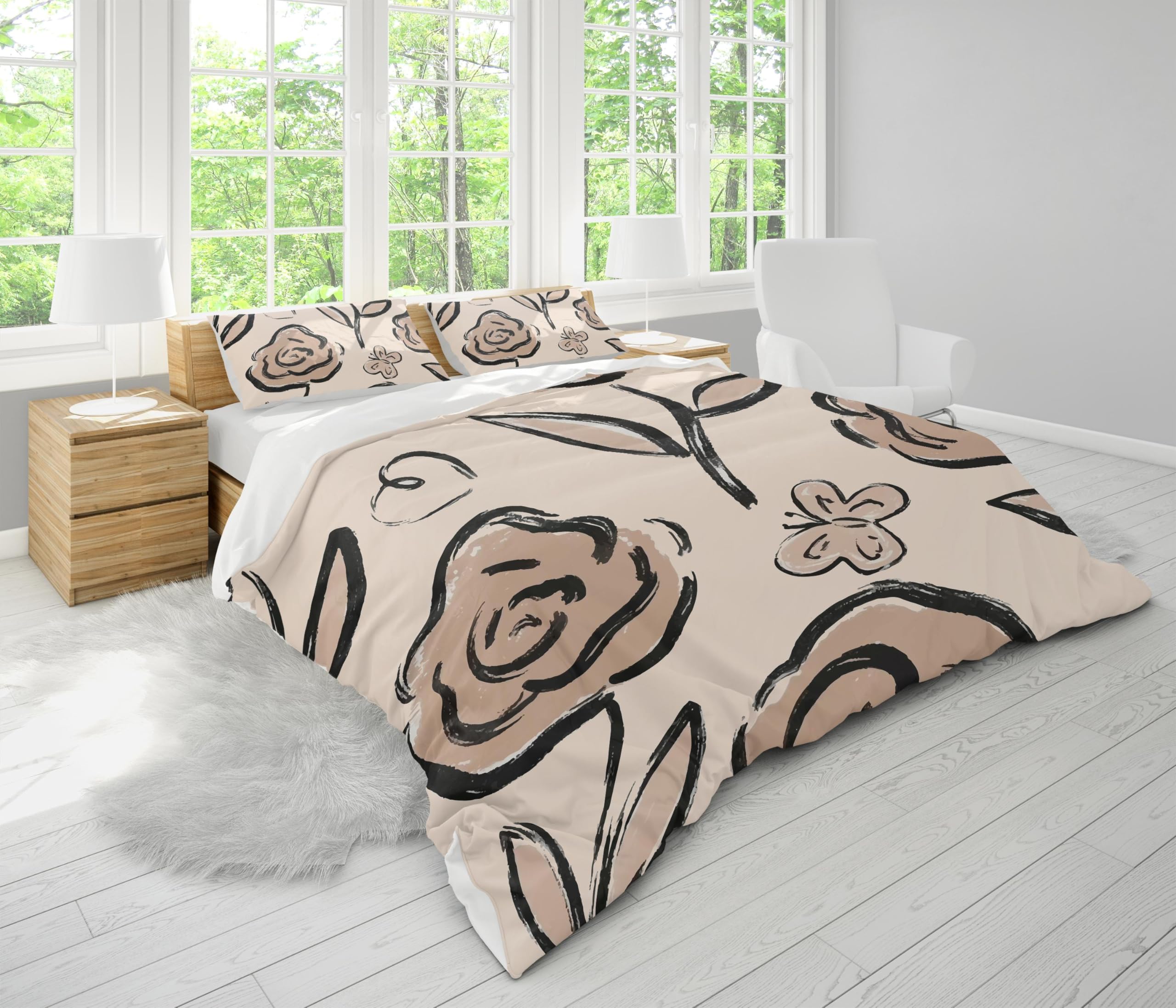 Kwiaty zestaw pościeli King Size, nowoczesny, minimalistyczny nadruk, poszewka na kołdrę z poszewkami na poduszki, dekoracja sypialni, 200 x 250 cm, 80 x 80 cm x 2