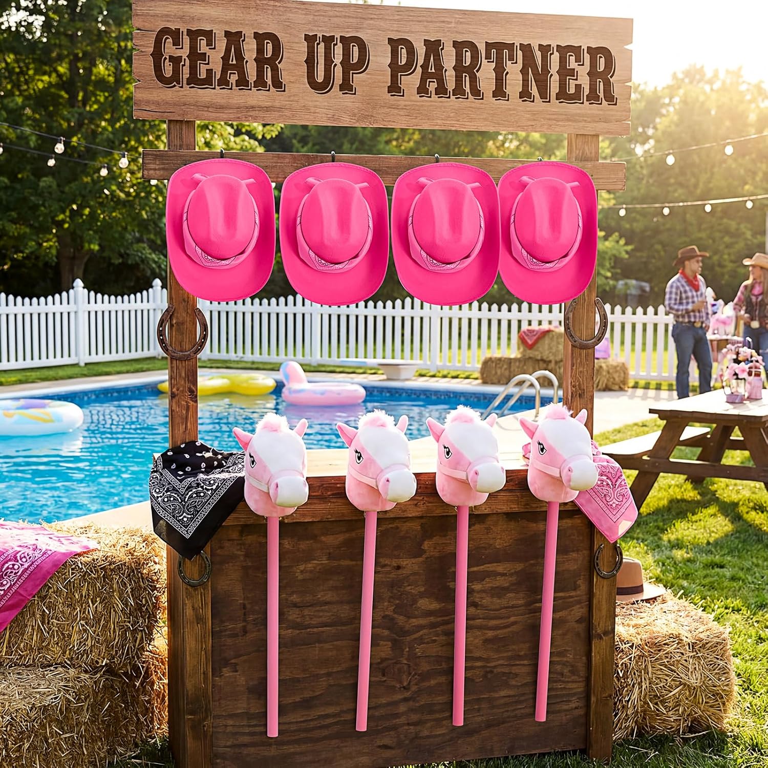 12 Pcs Cowboy Party Costume Set, Stick Horses with Neighing and Galloping Sounds Hot Pink Cowgirl Hats Paisley Bandanas for Cowboy Rodeo Birthday Party Supplies