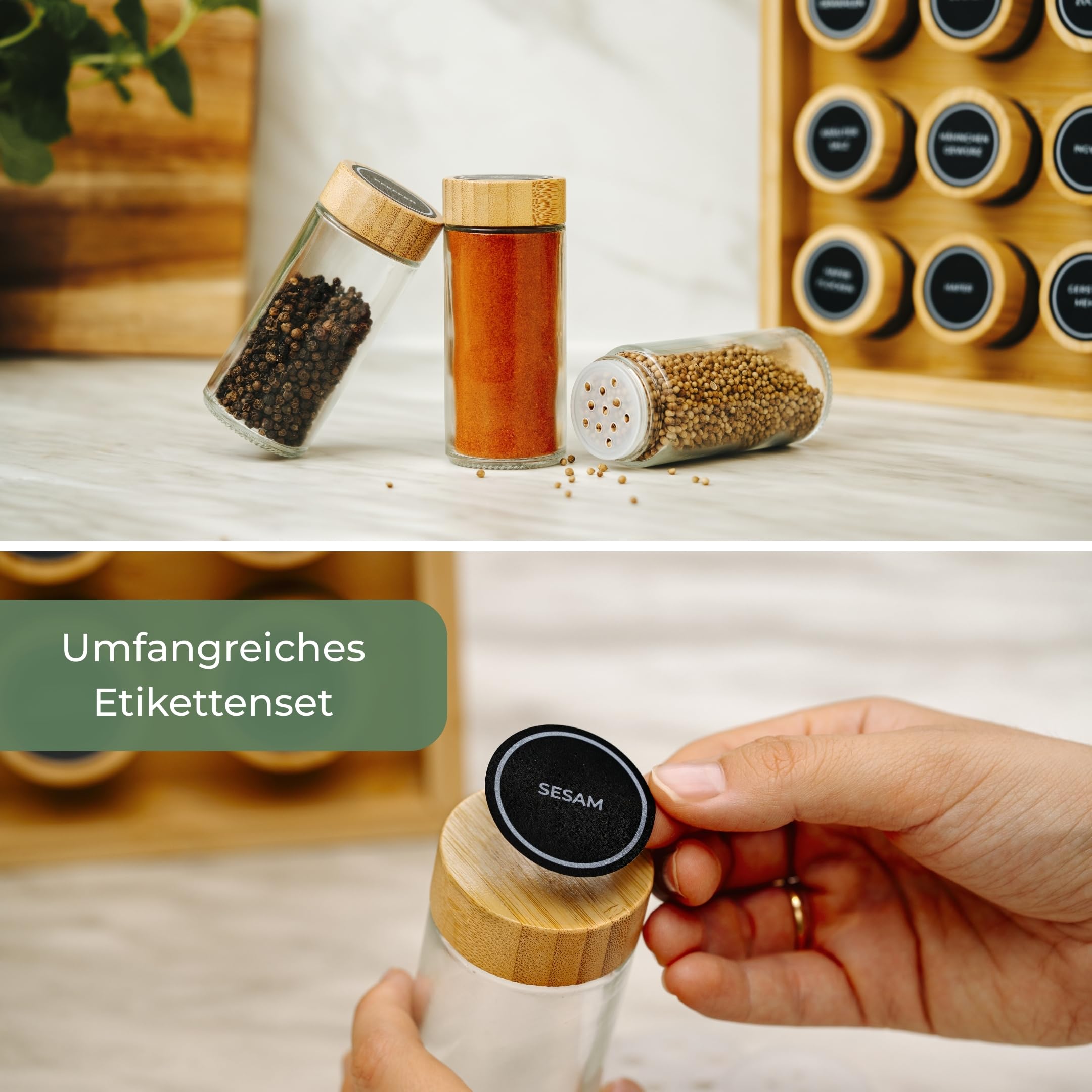 Adabor Gewürzregal aus Bambus Holz stehend oder für Schublade - Spice Rack Gewürz Organizer mit 30 Gläsern - Gewürzgläser mit Bambusdeckel+ Streueinsätze+ 144 Etiketten+ Stift für Gewürzaufbewahrung