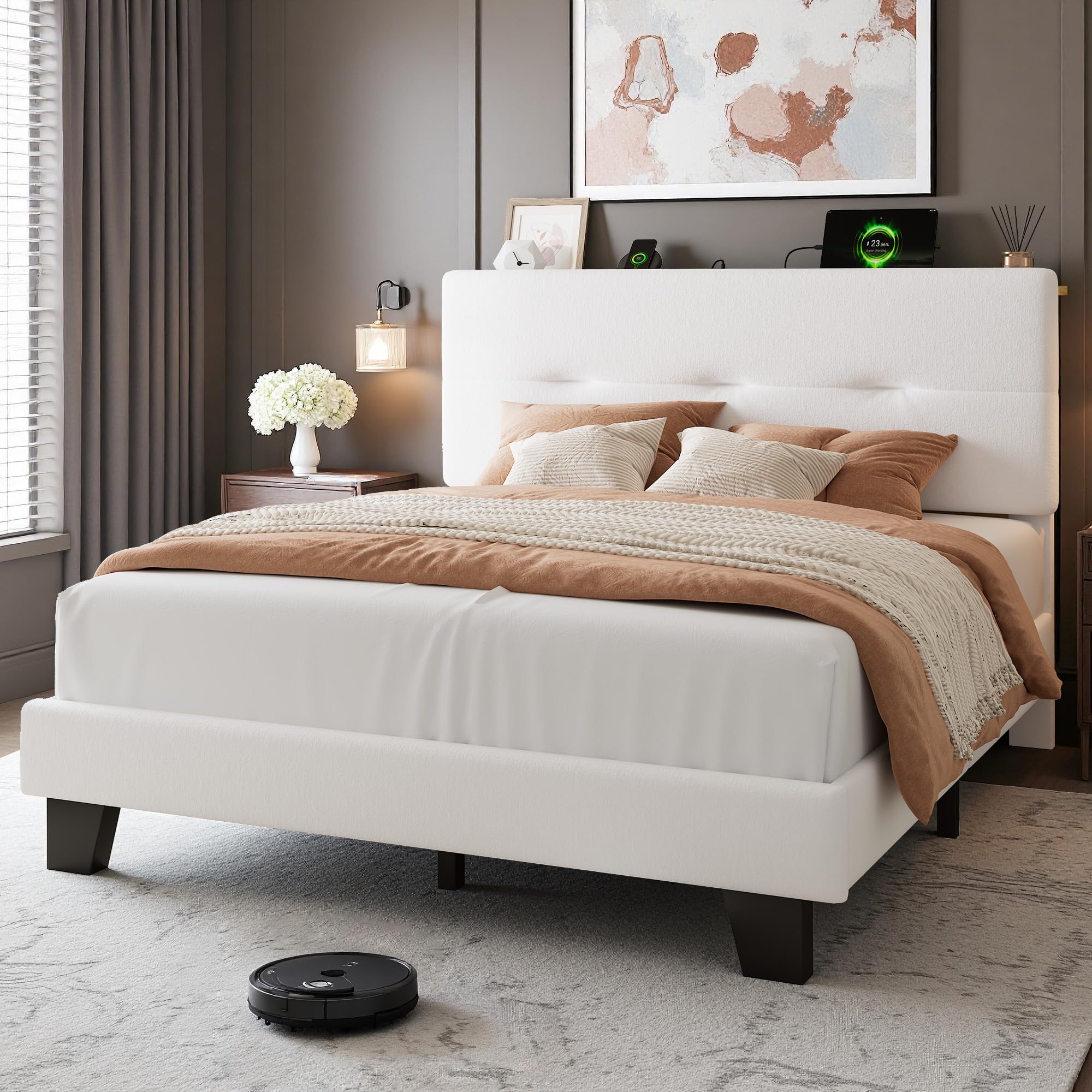 Feonase 4ft Double Bed Frame with Storage Velvet Headboard, Upholstered Bedframe double bed with Charging Station, Sturdy Wooden Slat Support, Easy Assembly, Beige