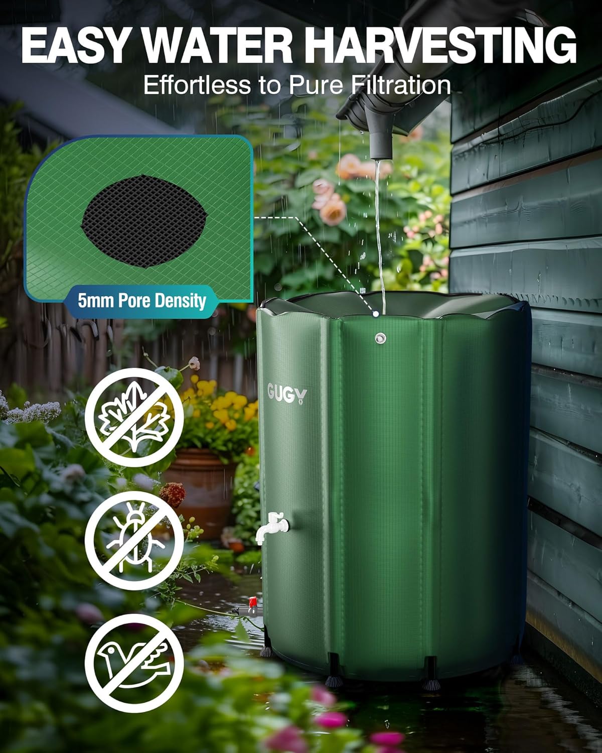 Rain Water Collection Barrel - 132 Gallon Water Storage Tank with Spigots, Portable Rain Catcher to Collect Rainwater from Gutter, Large Plastic Rain Catchment System with Collapsible Bucket