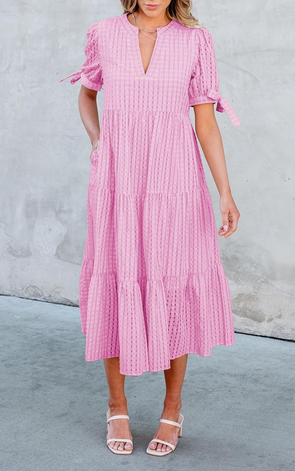 ECOWISH Women Summer Casual Dress - V Neck Short Sleeve Gingham Midi Pleated Tiered Loose Fit Holiday Picnic Dresses