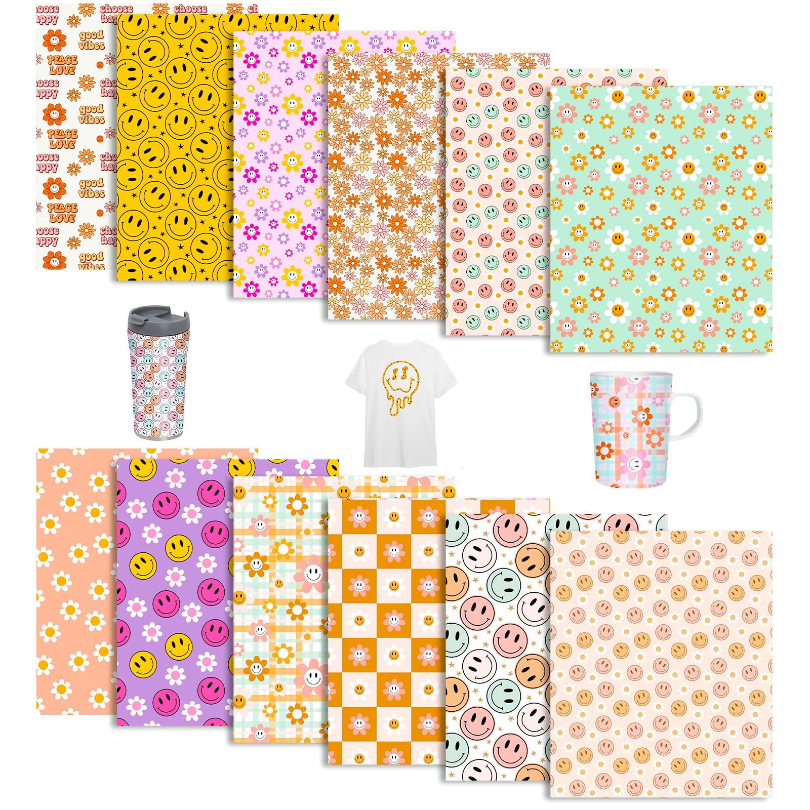 Tintnut Smiley Face Sublimation Transfer Ink Sheets - 12 Sheets 12"x10", Retro Smile Pattern Sublimation Transfer Paper Bundle Compatible with Cricut for DIY Mugs, Tumblers, Key Chain, T-Shirts