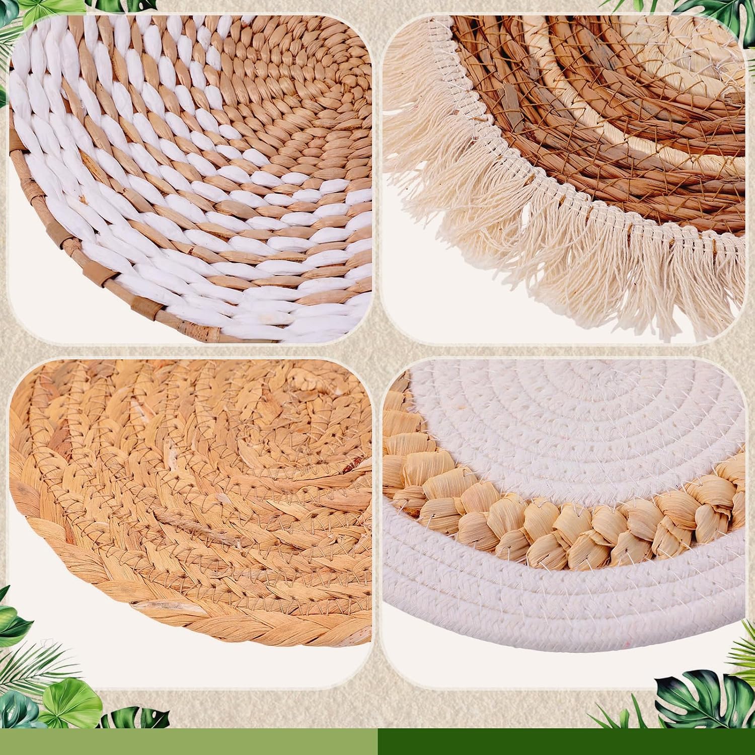 Xuhal 15 Pack Boho Wall Basket Set Artificial Plants Handmade Hanging Woven Baskets Wall Decor Fake Monstera Leaves Vines Seagrass Rattan Wicker Boho Decor Art for Farmhouse Kitchen Room Bedroom