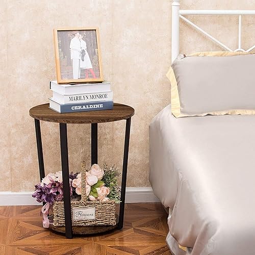 Miniatura 4 de GOOD & GRACIOUS Mesa auxiliar redonda con estante de almacenamiento para sala de estar, sofá, mesas auxiliares con marco de metal resistente, mesita