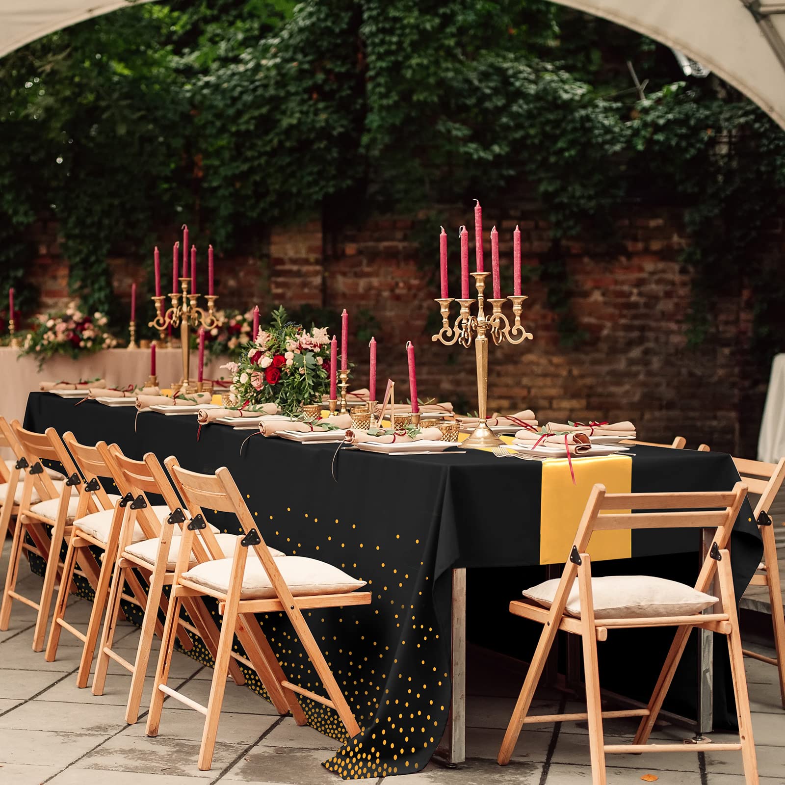 16Pack Disposable Plastic Tablecloths and Satin Table Runner Set Black Gold Dot Table Cloth Gold for Graduation Wedding Birthday Baby Shower Anniversary Holiday Party Decorations