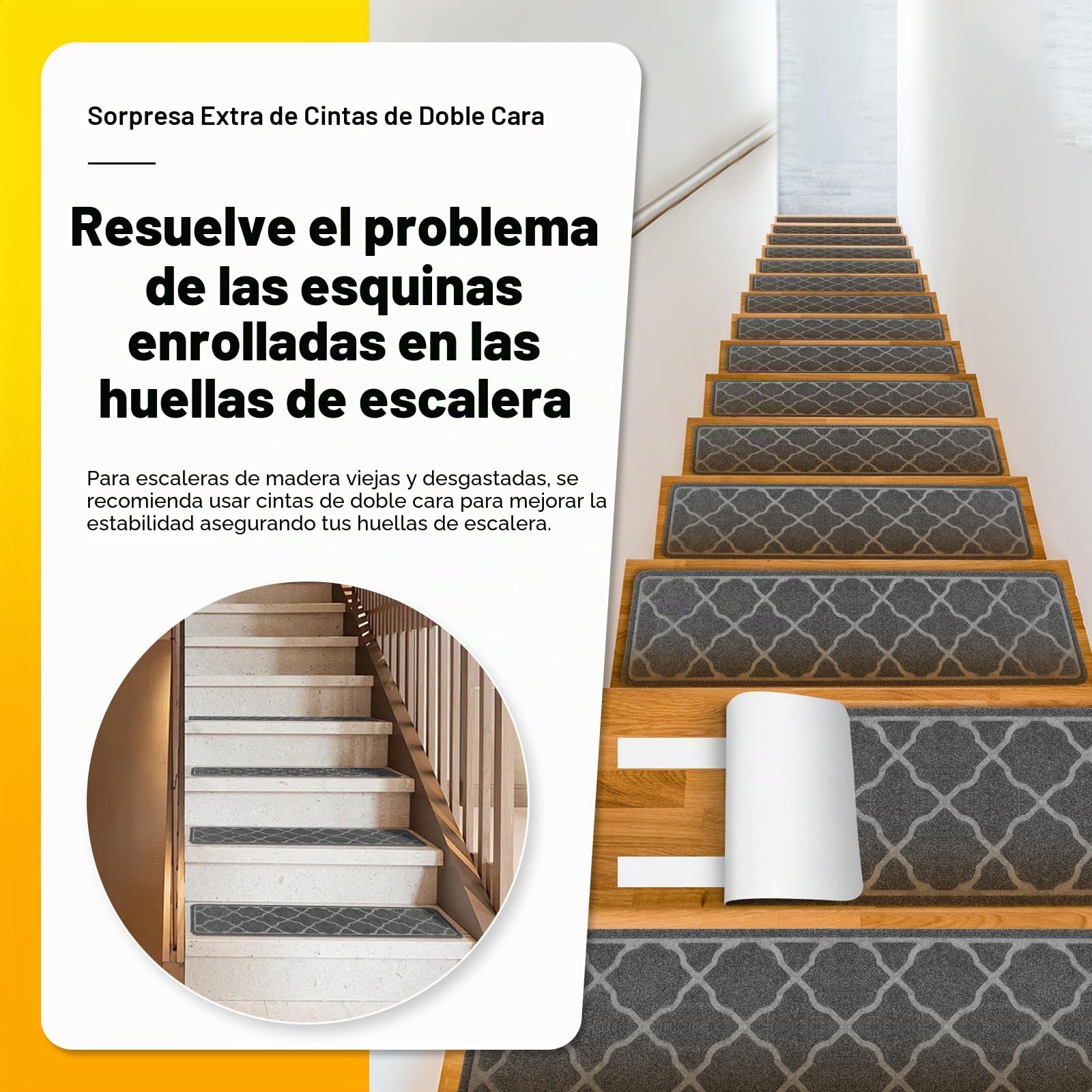 Daletu Peldaños de Escalera Antideslizantes de 76x20 cm (15 Unidades), alfombras de Interior Lavables a máquina, Reutilizables, con Base de TPR Antideslizante para niños, Ancianos y Perros.