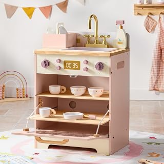 ROBOTIME Pink Wooden Toy Dishwasher Sink with Gold Faucet, Knobs & Accessories - Montessori Pretend Kitchen Playset for Girls 3+