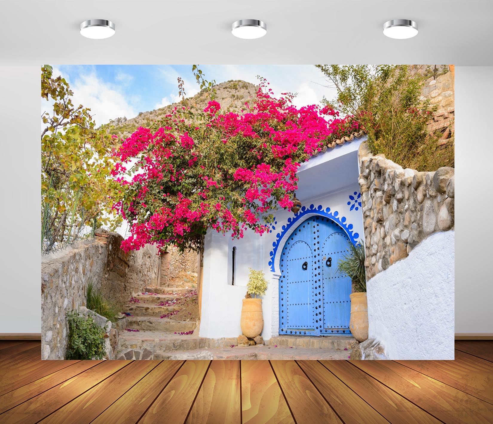 BELECO 3.6x3m Sfondo in tessuto Marocco | Vecchia casa pietra porta blu fiori sbocciati sfondo festa stile arabo marocchino accessori shooting foto