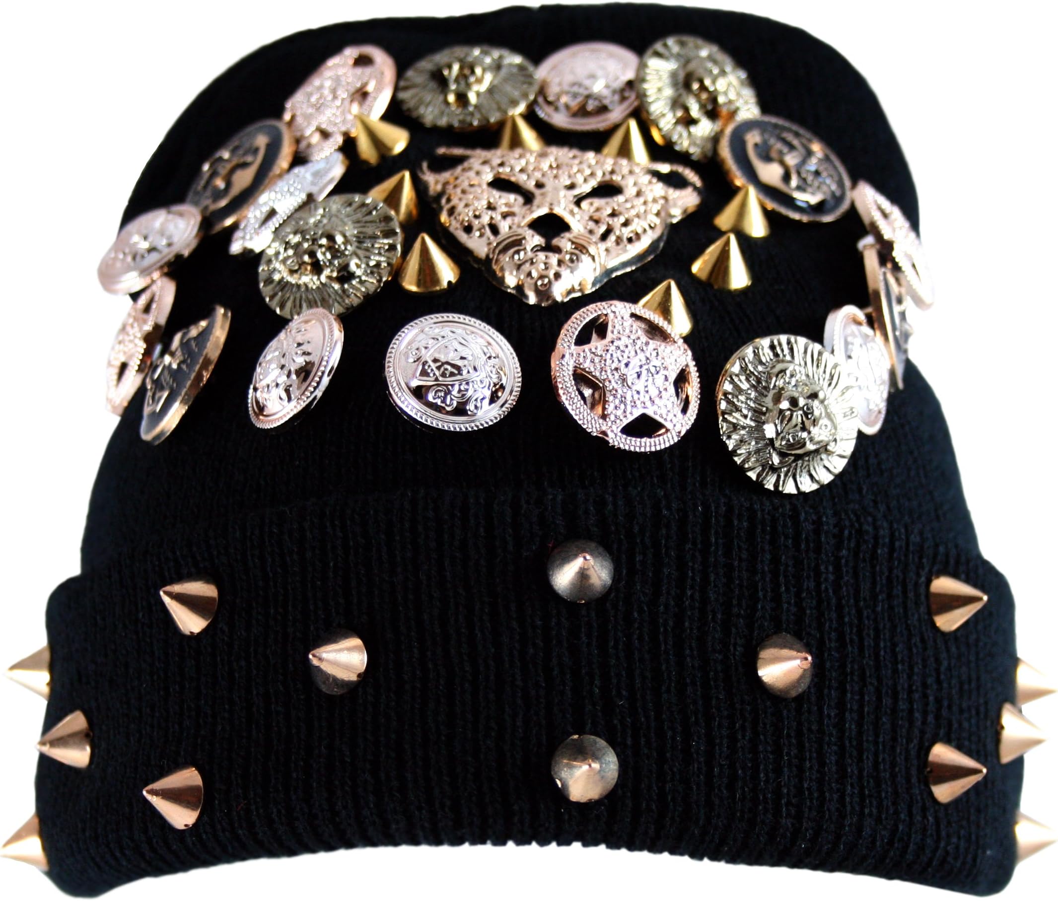 Cuff Knit Beanie Jaguar Fierce Metal Buttons w/Gold Spike Studs - Black
