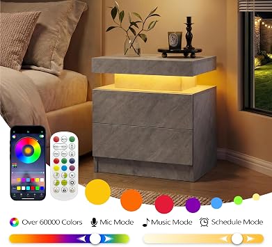 Cubehom LED Bedside Table with 2 Drawers Modern Bedside Table LED Nightstands for Bedroom (Gray, 2PCS)