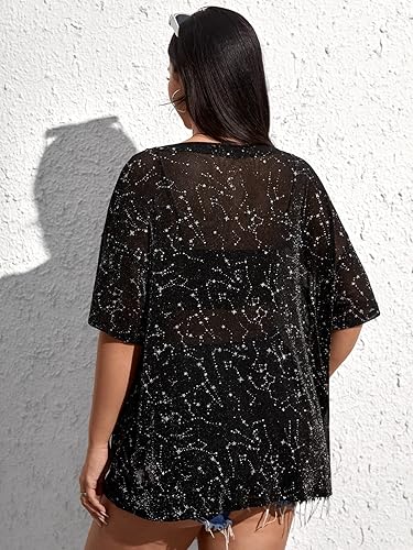 Miniatura 2 de WDIRARA Camiseta de manga corta con estampado de estrellas para mujer, talla grande, cuello redondo y purpurina