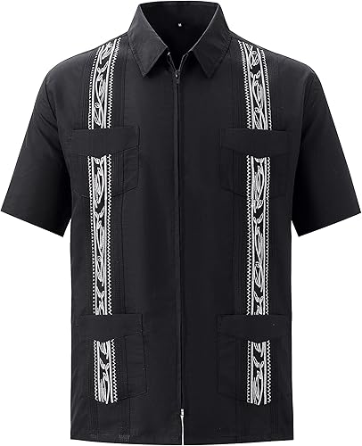 Camisas guayabera de manga corta para hombre con cremallera cubana casual de algodón con bolsillos