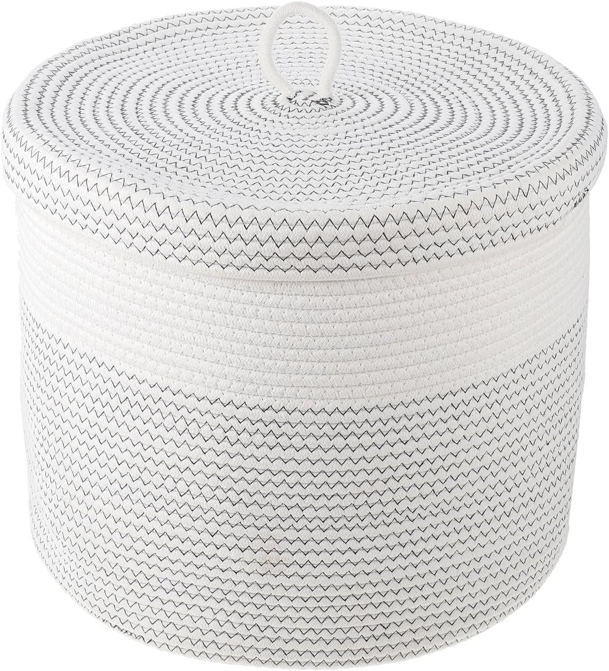 White Cotton Rope Storage Basket Lightweight Clothes Organizer with Lid 40.5x35.5cm Multifunctional Storage Container for Socks in Cabinet or Cloakroom