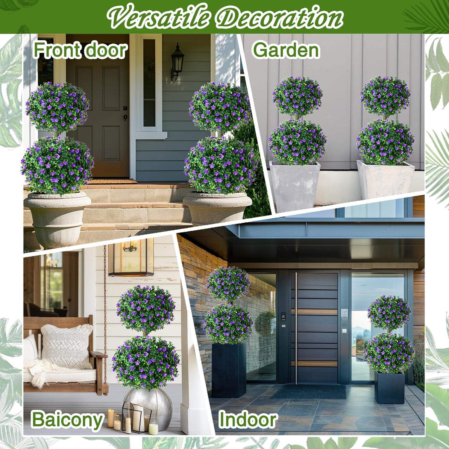 2 Pcs 36 in Artificial Boxwood Double Ball Fake Topiary Tree with Flowers Outdoor Plants, UV Resistance Faux Shrub Realistic Bush Greenery Potted for Indoor Garden Yard Porch Decor(Purple)