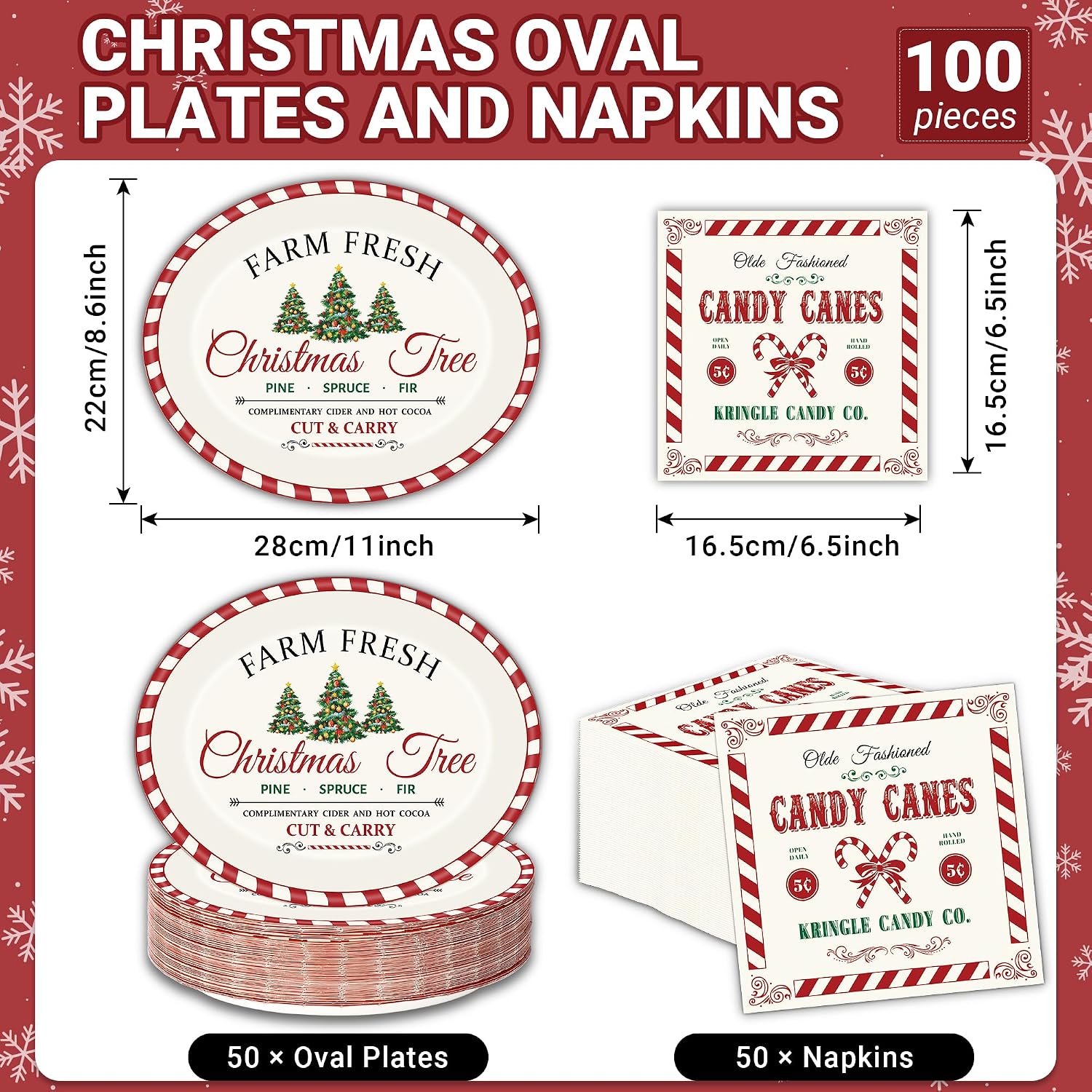 100Pcs Oval Christmas Paper Plates and Napkins Set 12"x10" Christmas Heavy Duty Plates Napkins Disposable Dinnerware Decor for Xmas Holiday Winter Party Supplies Decor for 50 Guests
