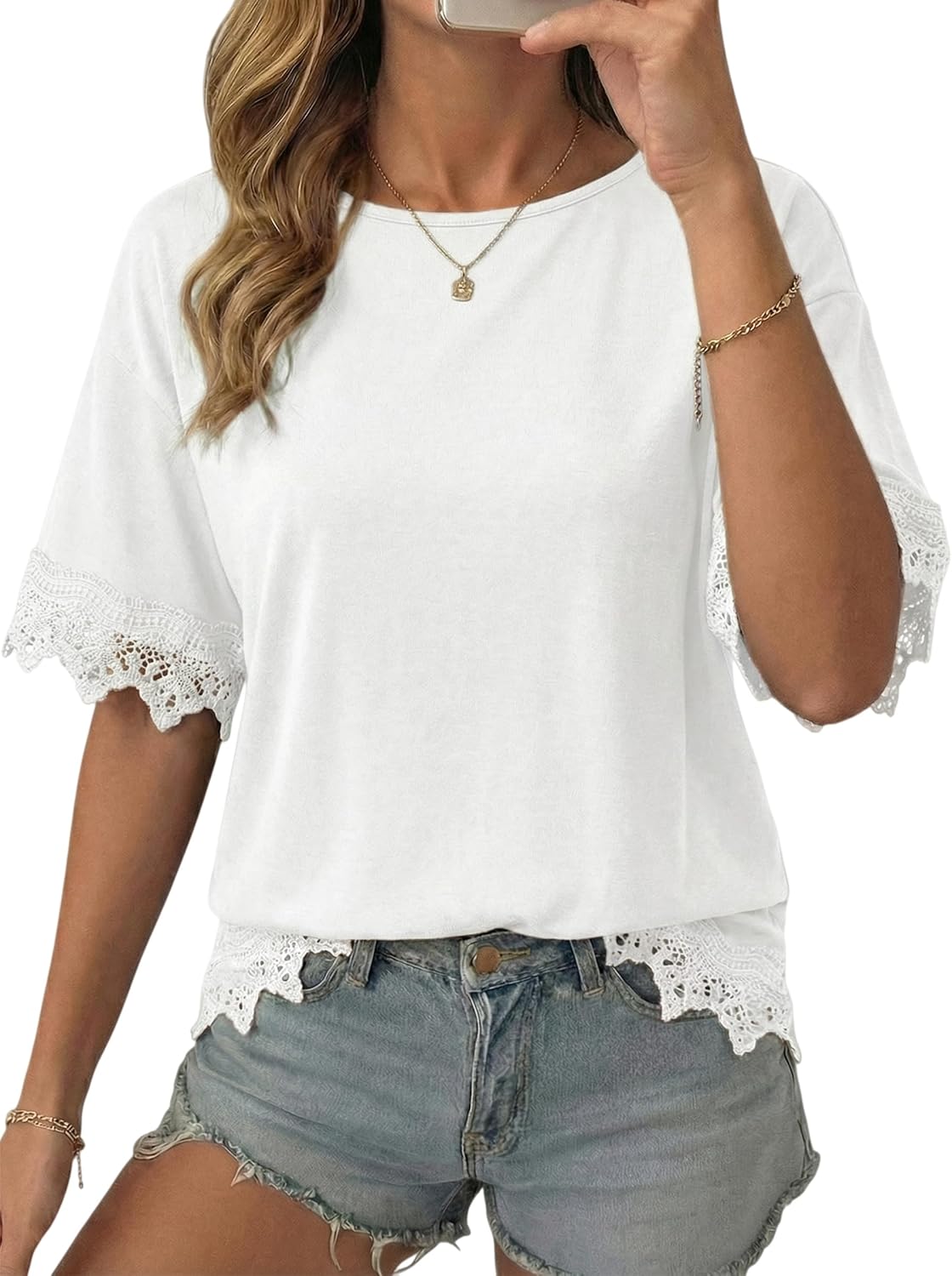 Dokotoo Womens Summer Tops 2026 Oversized Short Sleeve Shirts Casual Loose Lace Patchwork Tshirt Fashion Outfits