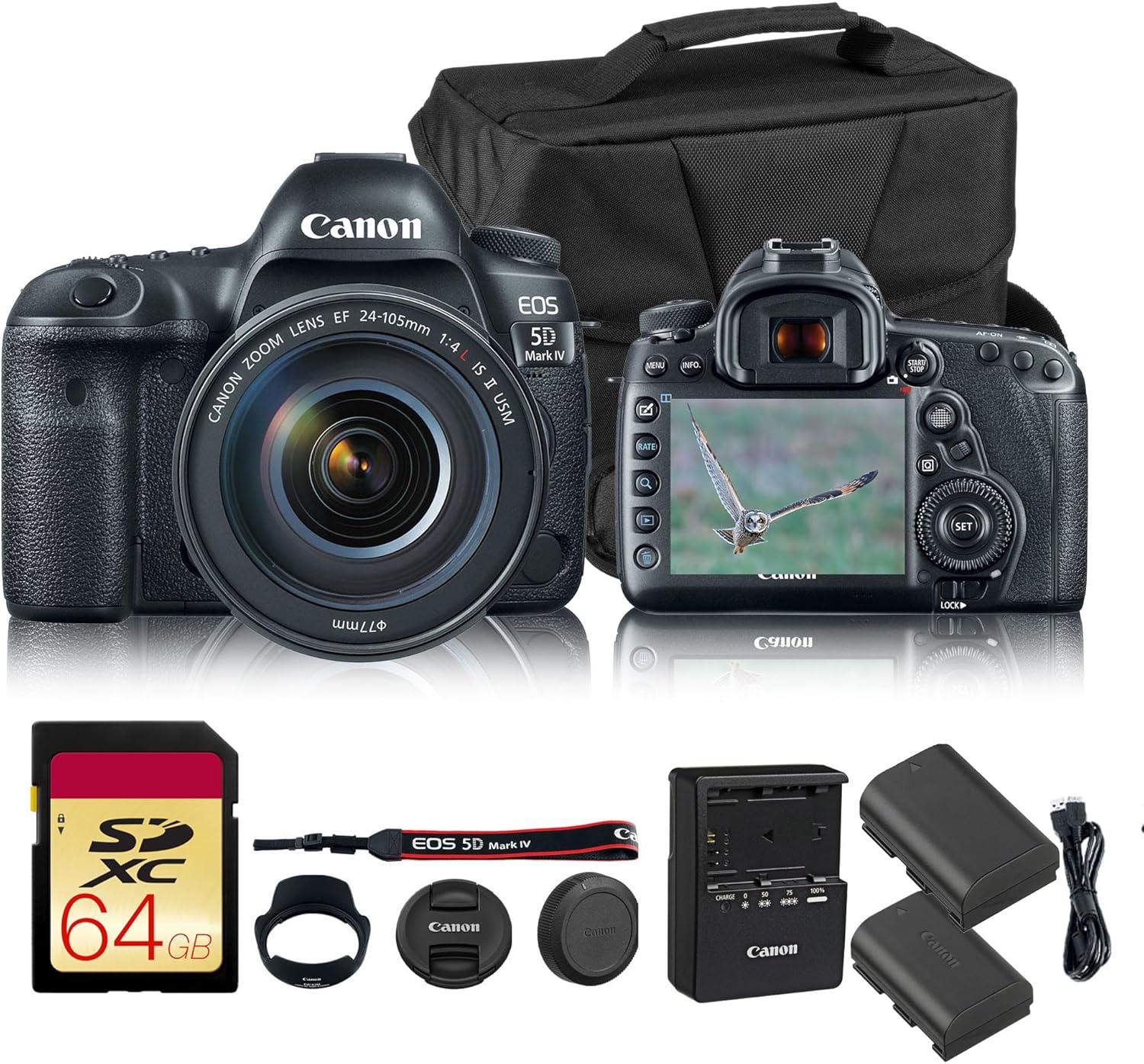 Canon EOS 5D Mark IV DSLR Camera with EF 24-105mm f/4L is II USM Lens | Full-Frame 30.4MP, 4K Video, Dual Pixel CMOS AF | Professional Photography Kit (1483C010) + LP-E6P + Shoulder Bag + 64GB Card