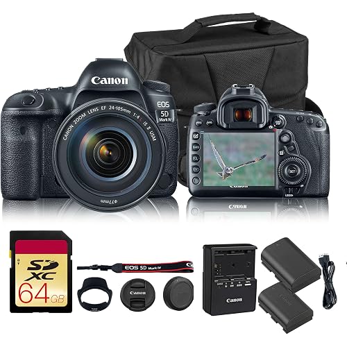 Canon EOS 5D Mark IV DSLR Camera with EF 24-105mm f/4L is II USM Lens | Full-Frame 30.4MP, 4K Video, Dual Pixel CMOS AF | Professional Photography Kit (1483C010) + LP-E6P + Shoulder Bag + 64GB Card
