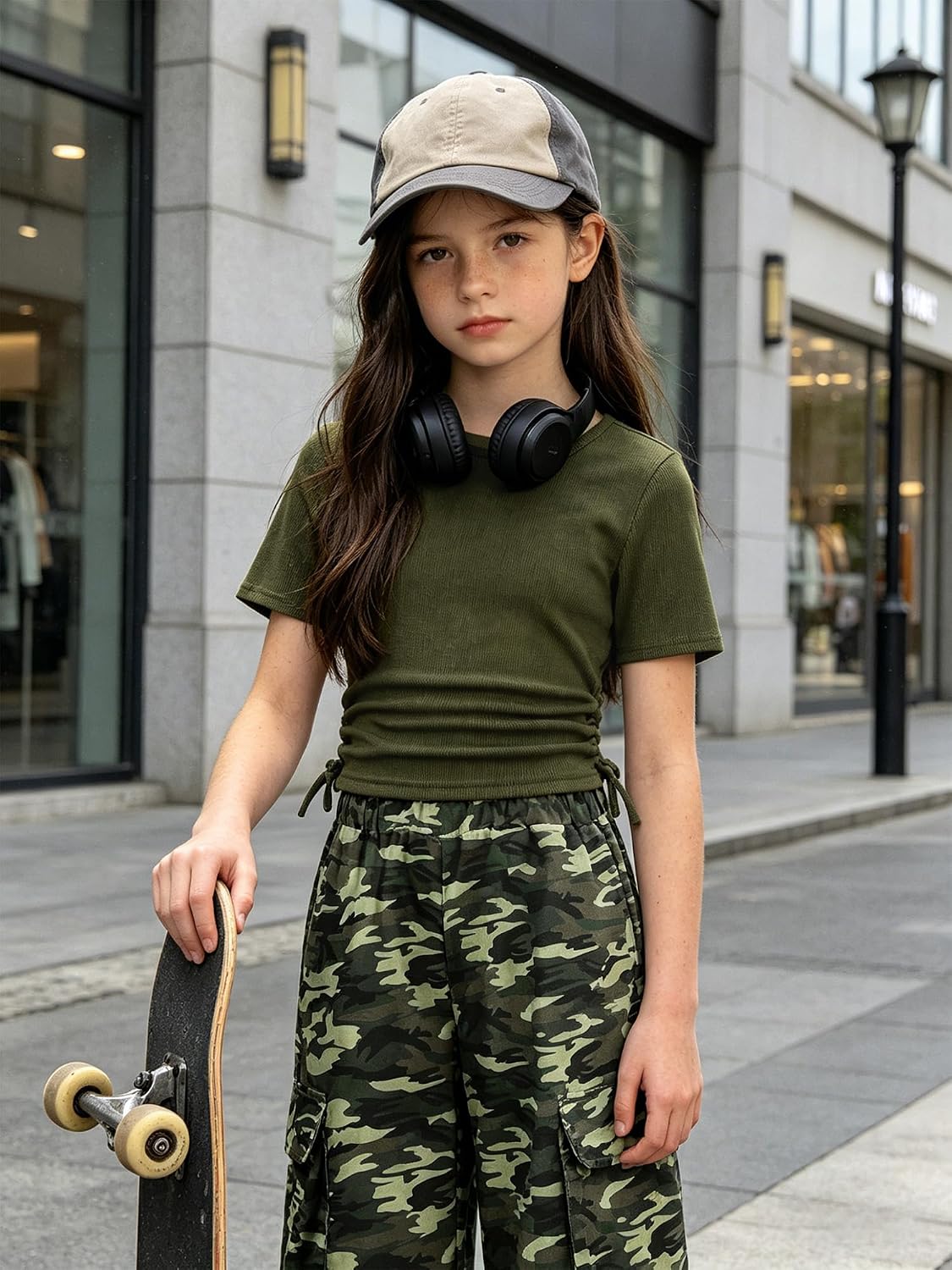 AMAWMW Girls Clothes Summer Outfits Short Sleeve Ruched T-Shirt Tops and Camo Cargo Pants 2Pcs Teen Clothing 7-16 Years