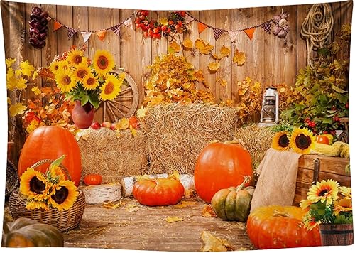 Miniatura 8 de CapiSco Fondo de fotos de otoño de Acción de Gracias de Halloween para fotografía, fondo de vinilo, piso de madera, granero, calabazas de otoño,