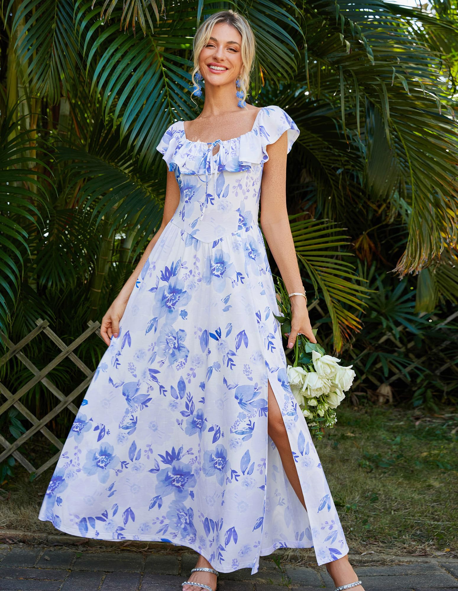 GRACE KARIN Robe Longue Femme Épaules Dénudées Taille Élastique Volants Imprimé Floral Bleu Blanc Été Élégante Chic