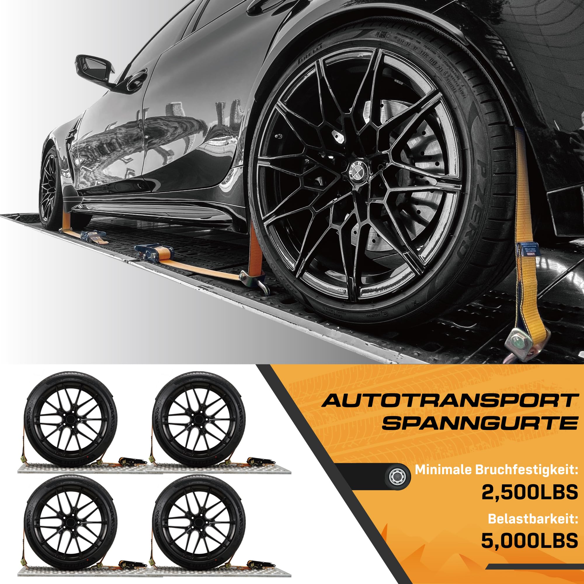 4 Stück 50mm Radspanngurte 2,5m | 5000kg Spanngurt für Autotransport | Mit Antirutschpads & 360° Wirbelhaken | Reifengurte für PKW Trailer KFZ | TÜV Geprüft nach DIN EN 12195-2