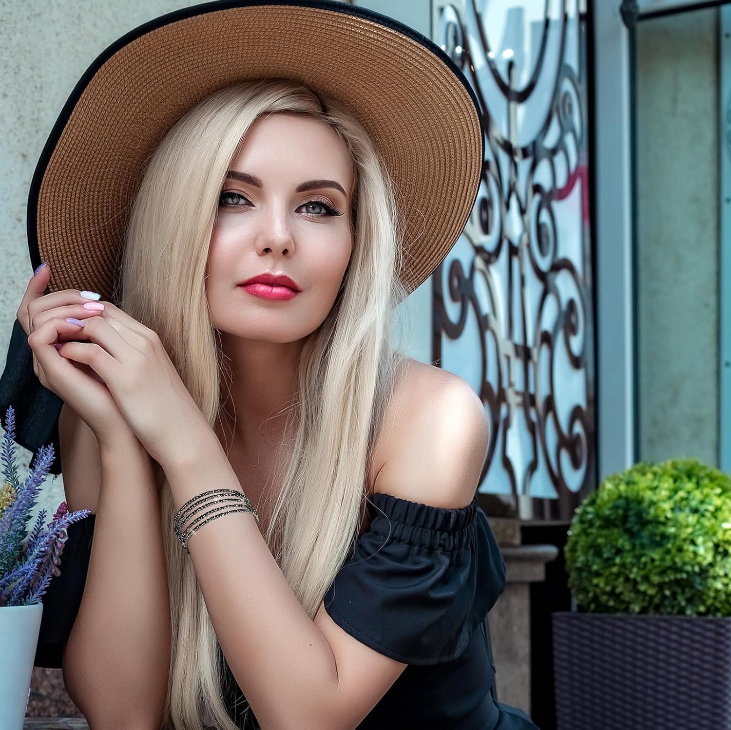 Jojomina Black Bracelets for Woman Multilayer Rhinestone Cuff Bracelet Costume Jewelry for Prom Pageant Party Wedding - Image 7