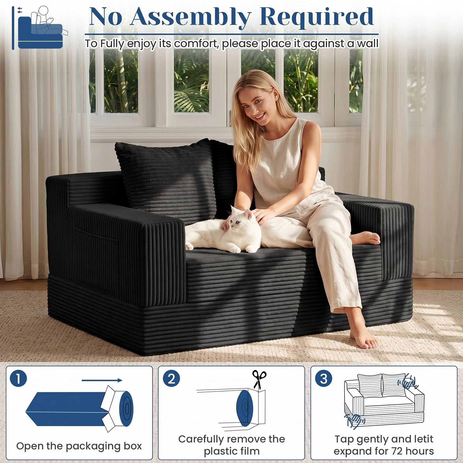 Convertible Sofa Bed,Small Boneless Couch & Boneless Loveseat,Pull Out Couch Bed for Small Spaces,Premium Luxe Corduroy Folding Floor Futon Sleeper with Side Pocket & 2 Pillows, No Assembly Required