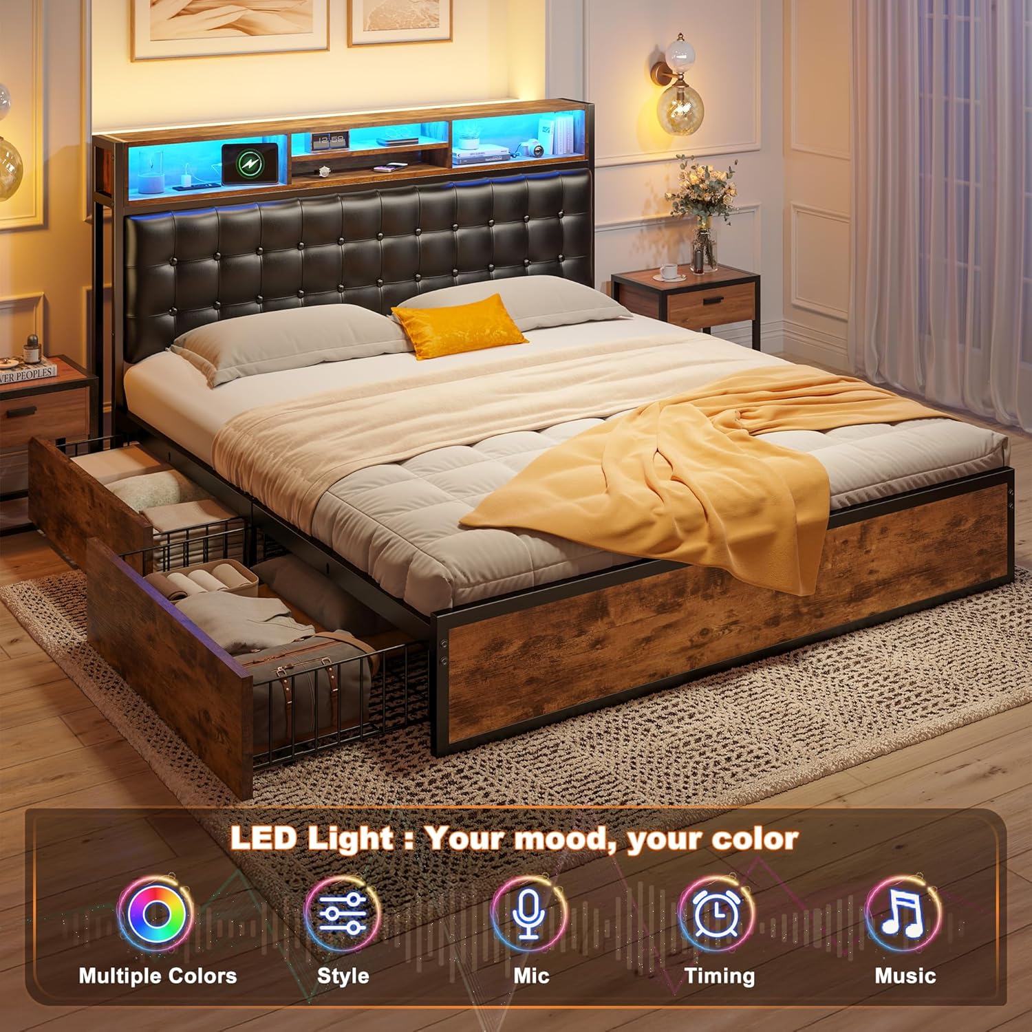 EnHomee Queen Bed Frame with 4 Storage Drawers, Bed Frame Queen Size with 3 Tier Upholstered Headboard, Built in Charging Station and LED, No Noise, Metal Support, No Box Spring Needed,Vintage Brown