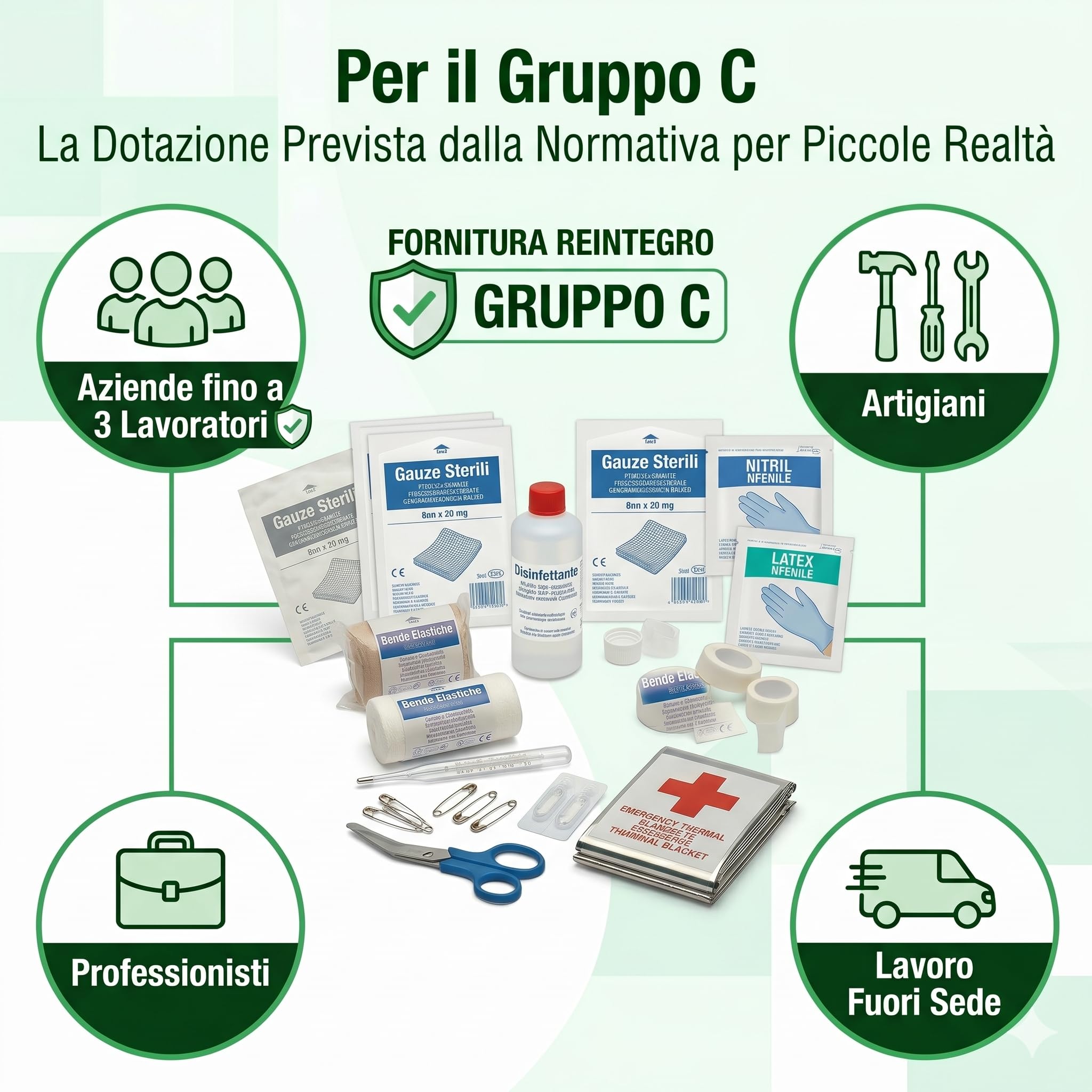 Lemag Reintegro Cassetta Primo Soccorso Gruppo C – Ricarica Conforme D.Lgs. 81/2008 D.M. 388/2003 – Kit Reintegro Pronto Soccorso Aziende fino a 3 Lavoratori – per Art. 23.301.01 | Made in Italy