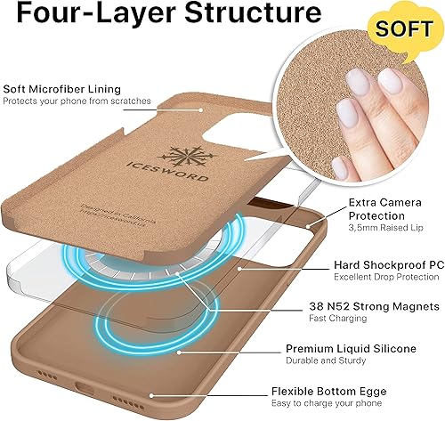 Miniatura 10 de IceSword Funda magnética para iPhone 14 Pro Max, funda de silicona de piedra carga rápida Imanes fuertes delgados, beige claro, crema nude, arena
